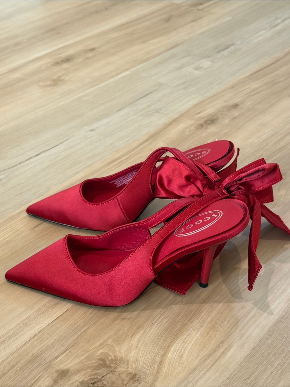 Red Satin Pointed Slingback Heels with Bow